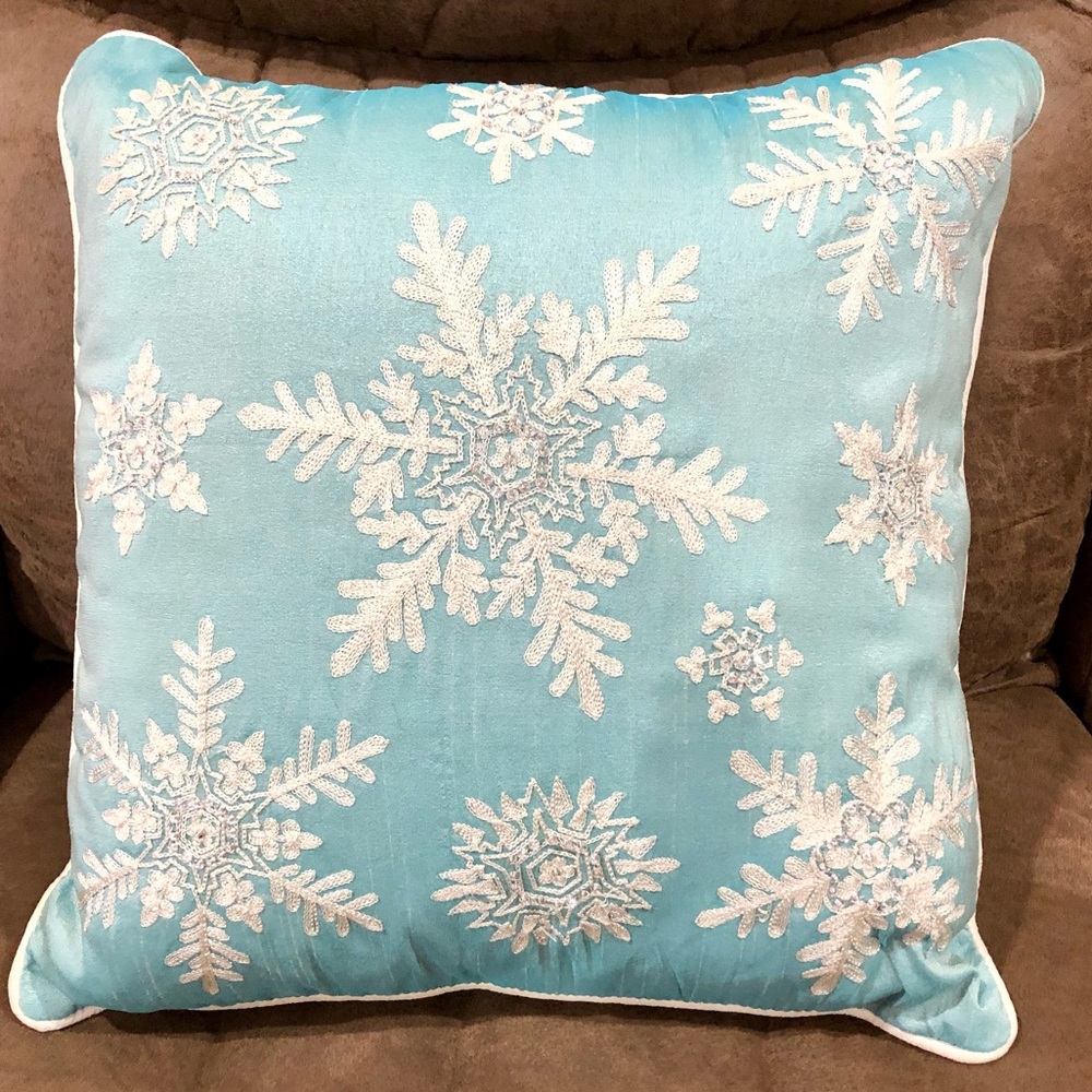 Blue/White Embroidered/Beaded Snowflake Pillow